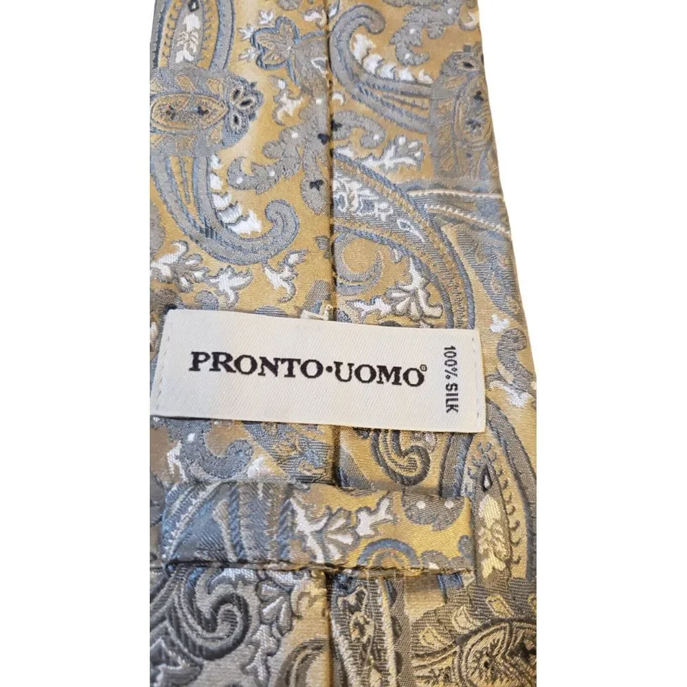 Pronto Uomo Couture‎ Mens luxury paisley silk neck tie Gold Tan x-Long Designer